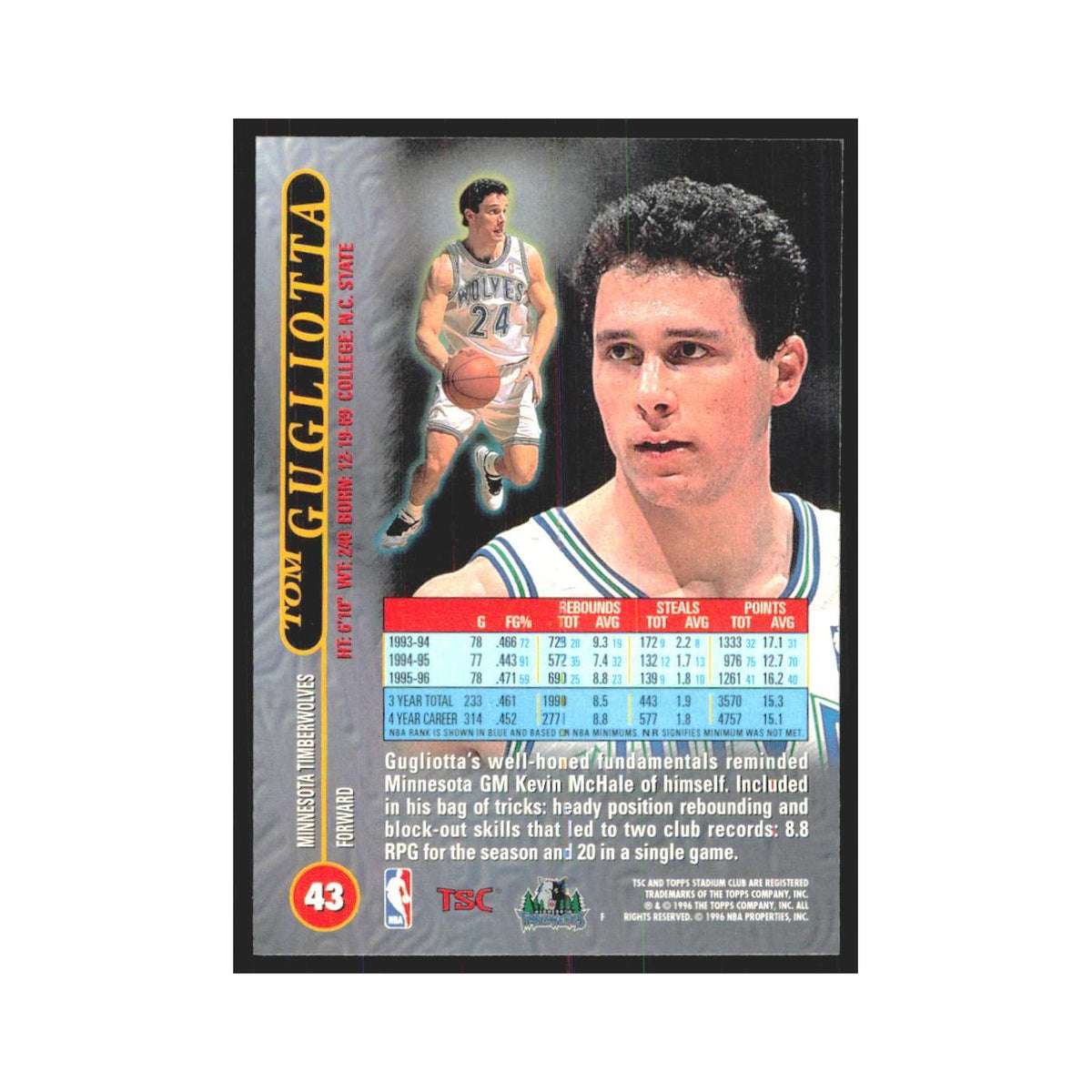 Tom Gugliotta 1996 Stadium Club #43 Minnesota Timberwolves Basketball Card NM