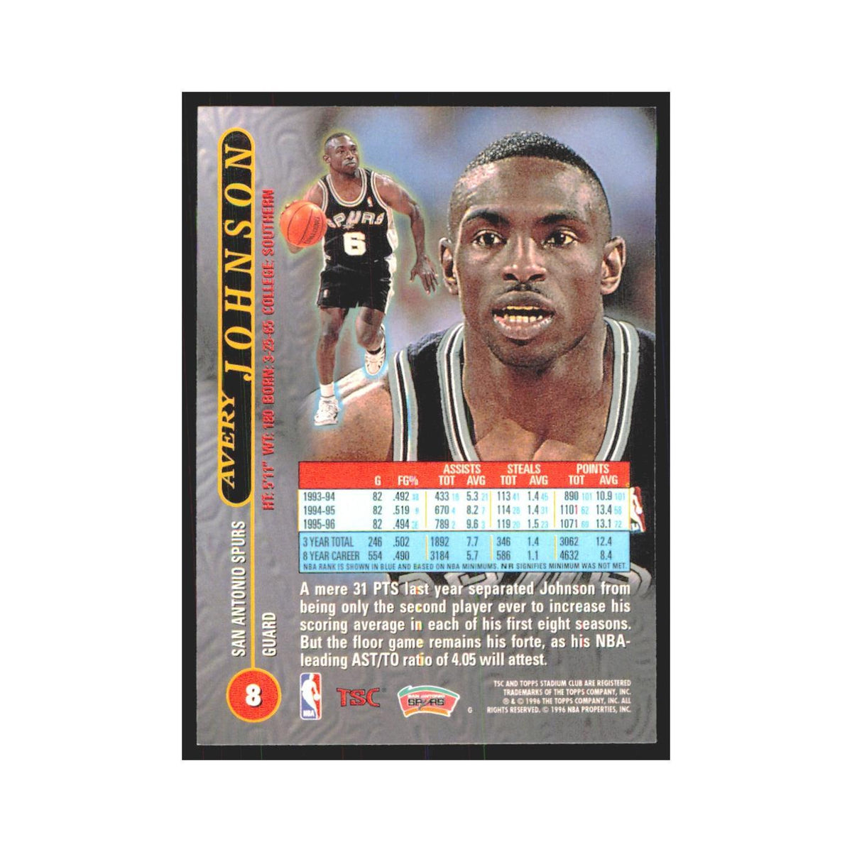 Avery Johnson 1996 Stadium Club #8 San Antonio Spurs Basketball Card NM