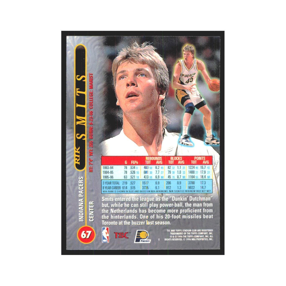 Rik Smits 1996 Stadium Club #67 Indiana Pacers Basketball Card NM