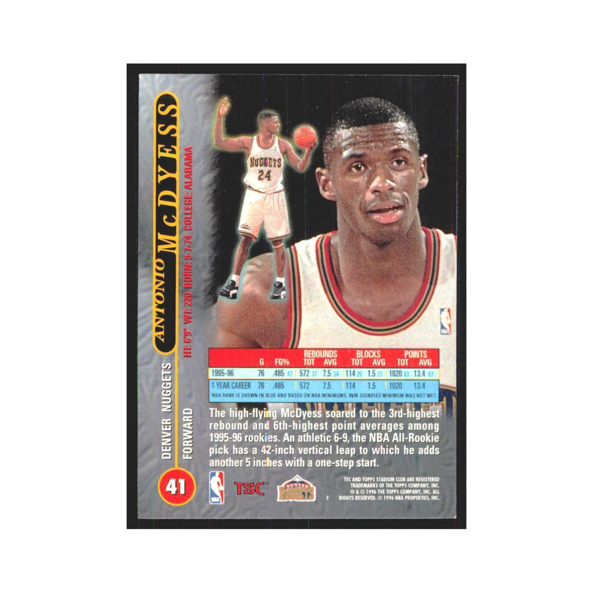Antonio McDyess 1996 Stadium Club #41 Denver Nuggets Basketball Card NM