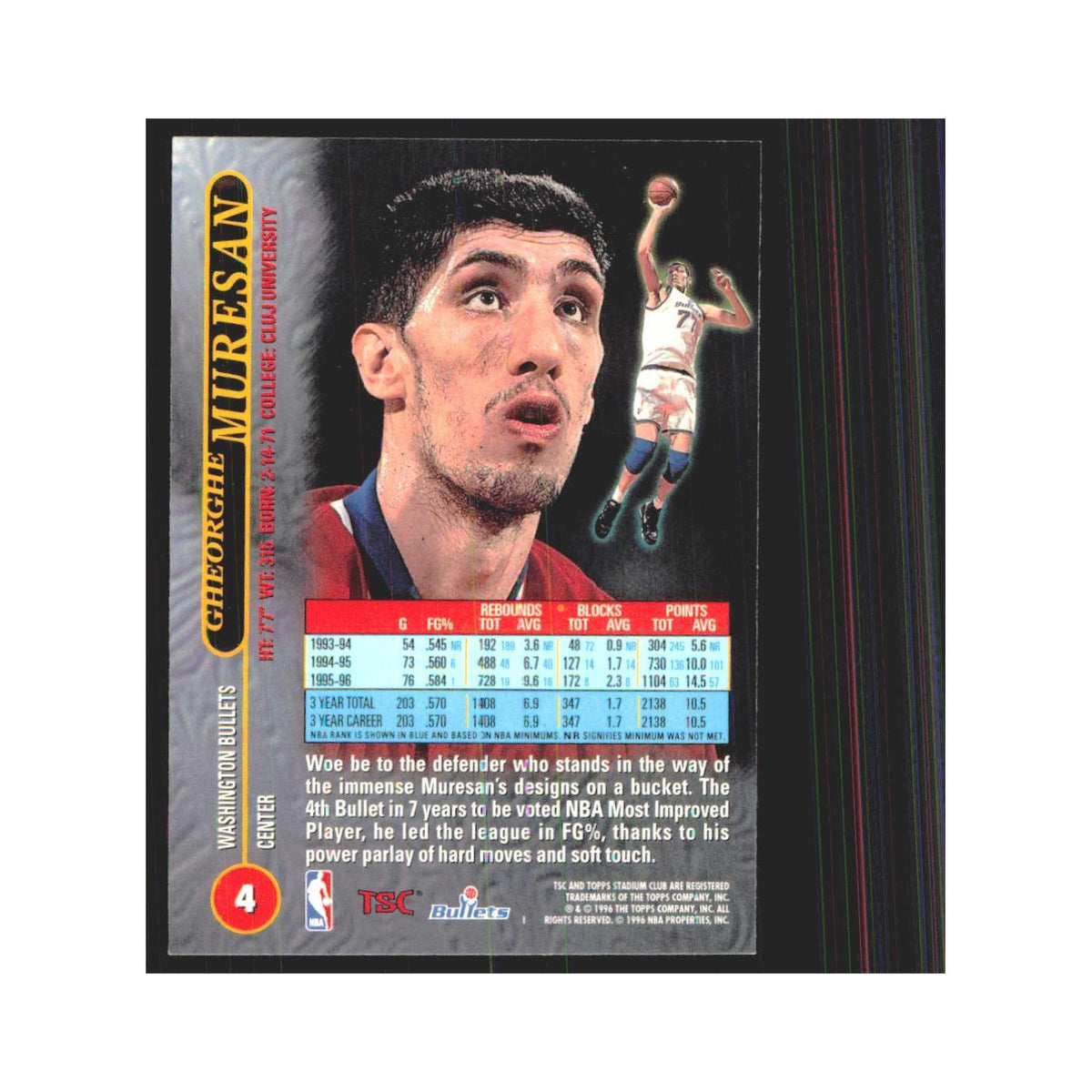 Gheorghe Muresan 1996 Stadium Club #4 Washington Bullets Basketball Card NM