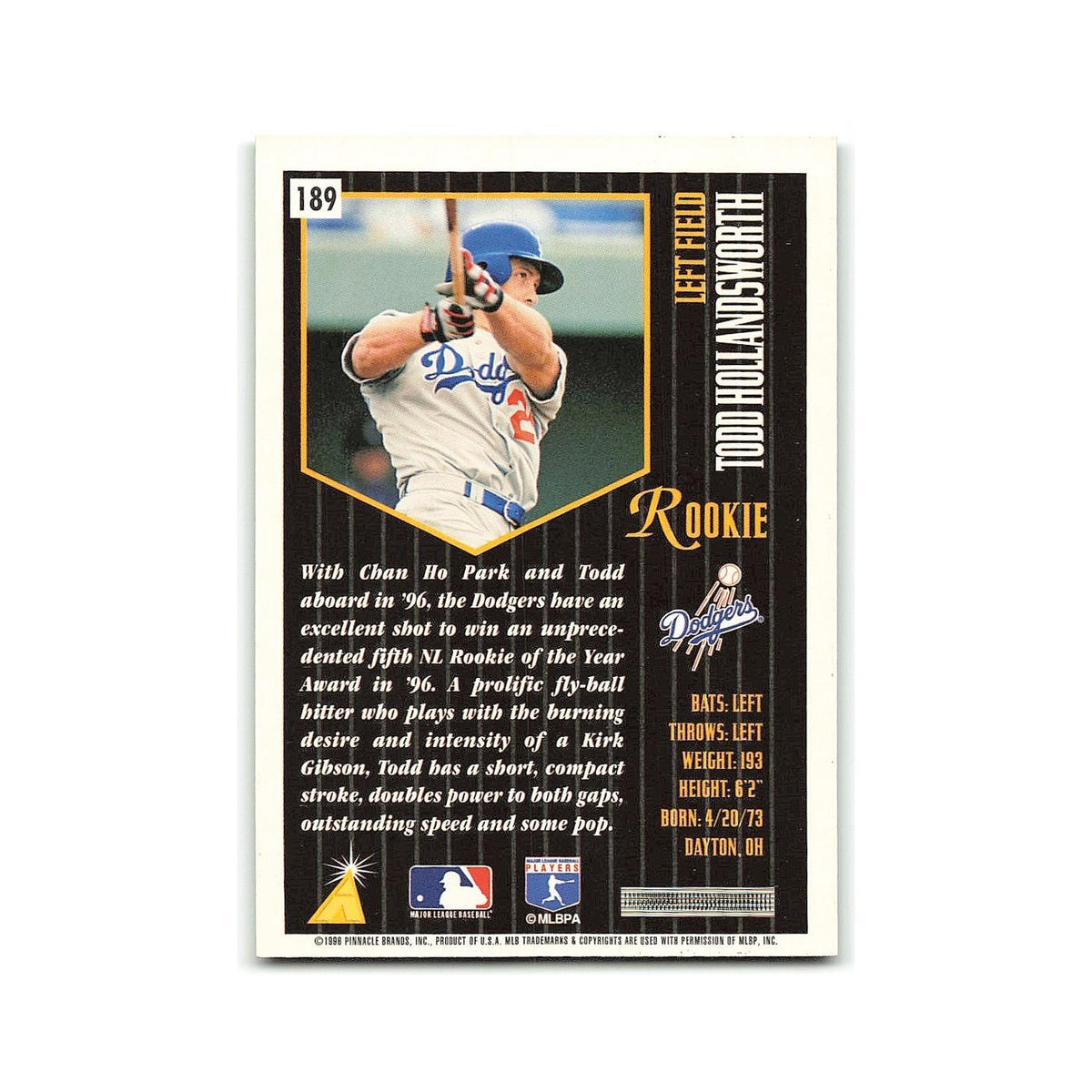 Todd Holandsworth Rookie 1996 Pinnacle Summit #189 Los Angeles Dodgers NM