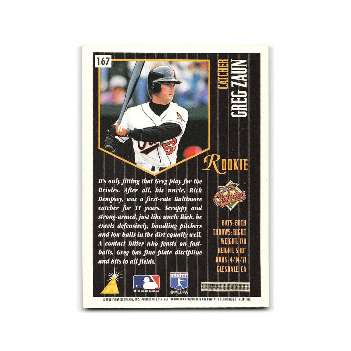 Gregg Zaun Rookie 1996 Pinnacle Summit #167 Baltimore Orioles Baseball Card NM