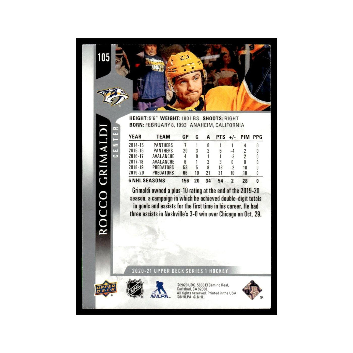 Rocco Grimaldi 2020 Upper Deck #105 Nashville Predators Hockey Card NM