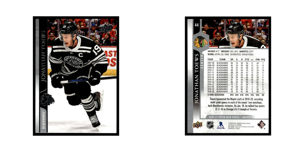 Jonathan Toews 2020 Upper Deck #44 Chicago Blackhawks Hockey Card NM