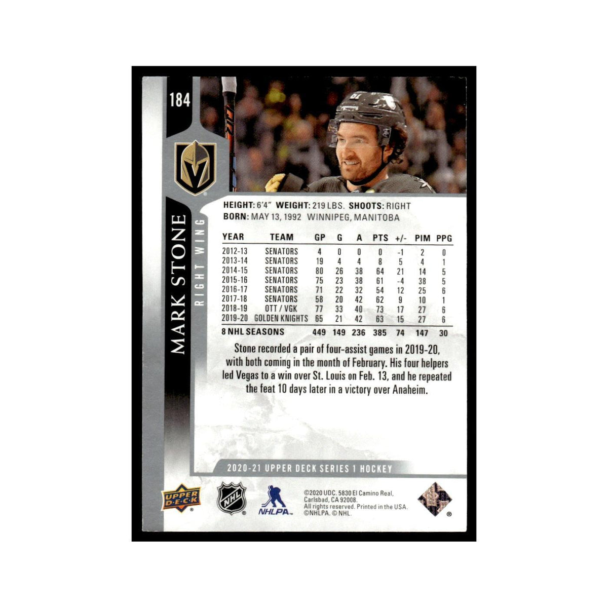 Mark Stone 2020 Upper Deck #184 Vegas Golden Knights Hockey Card NM