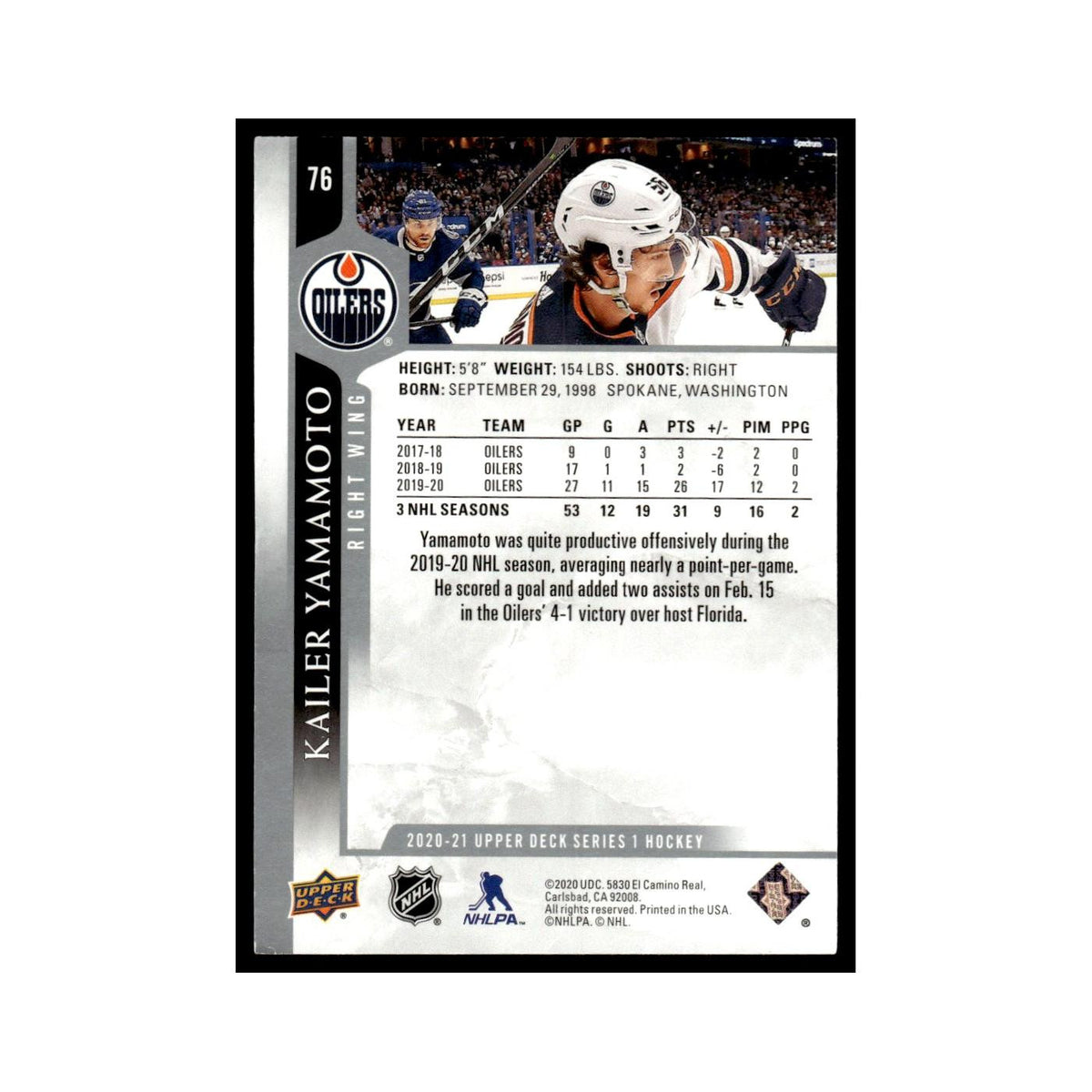 Kailer Yamamoto 2020 Upper Deck #76 Edmonton Oilers Hockey Card NM