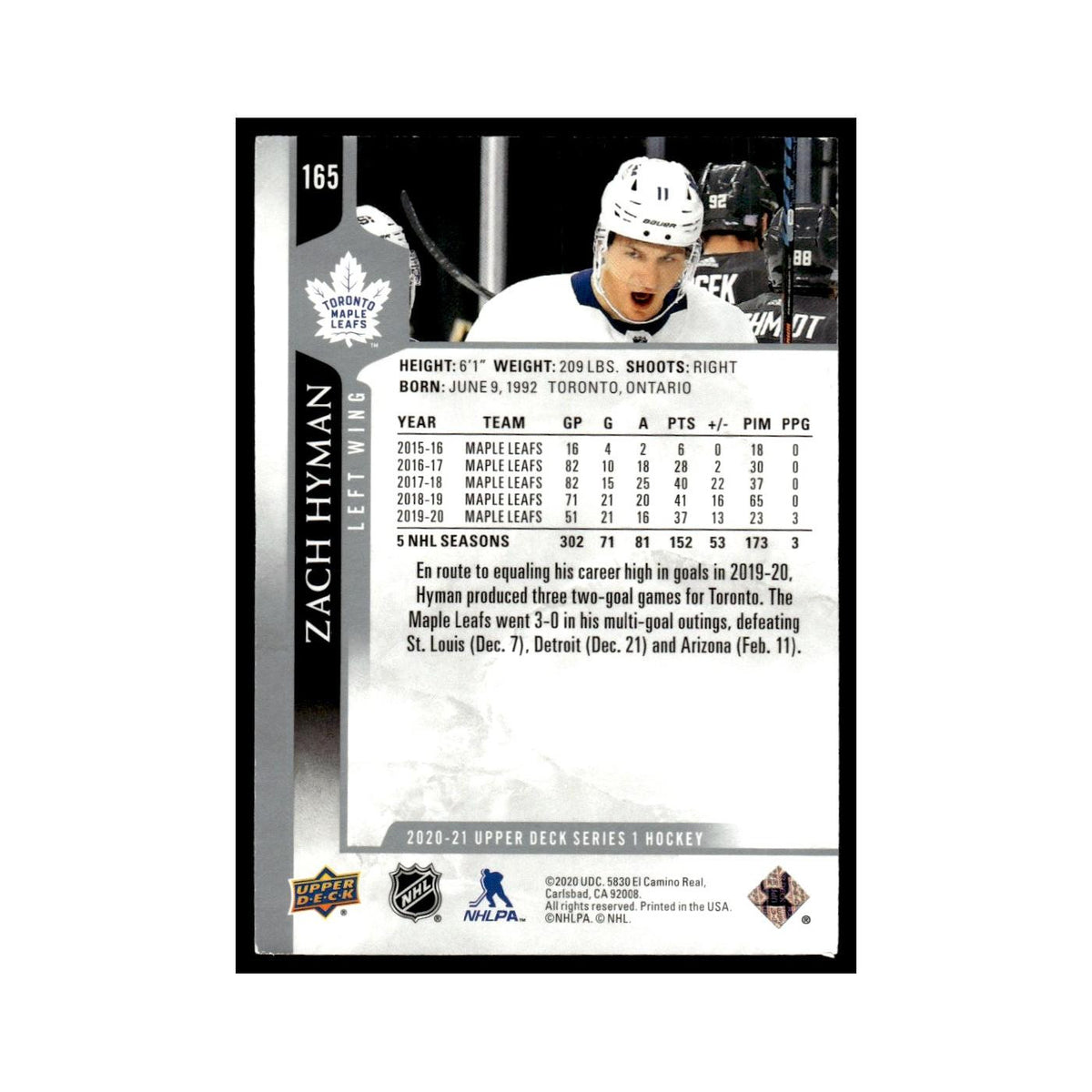Zach Hyman 2020 Upper Deck #165 Toronto Maple Leafs Hockey Card NM