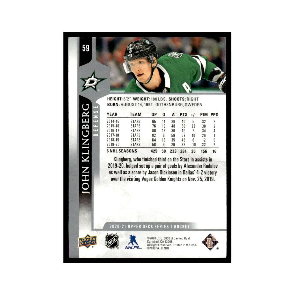 John Klingberg 2020 Upper Deck #59 Dallas Stars Hockey Card NM