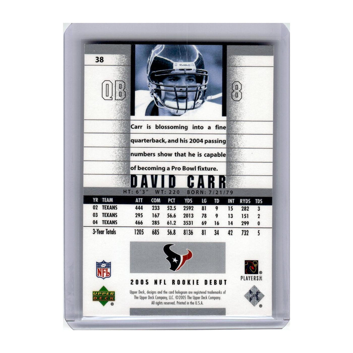 2005 Upper Deck Rookie Debut David Carr Texans #38