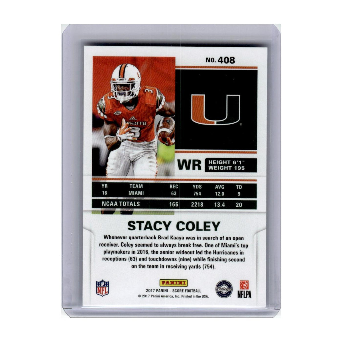 2017 Score Stacy Coley RC Miami Hurricanes #408