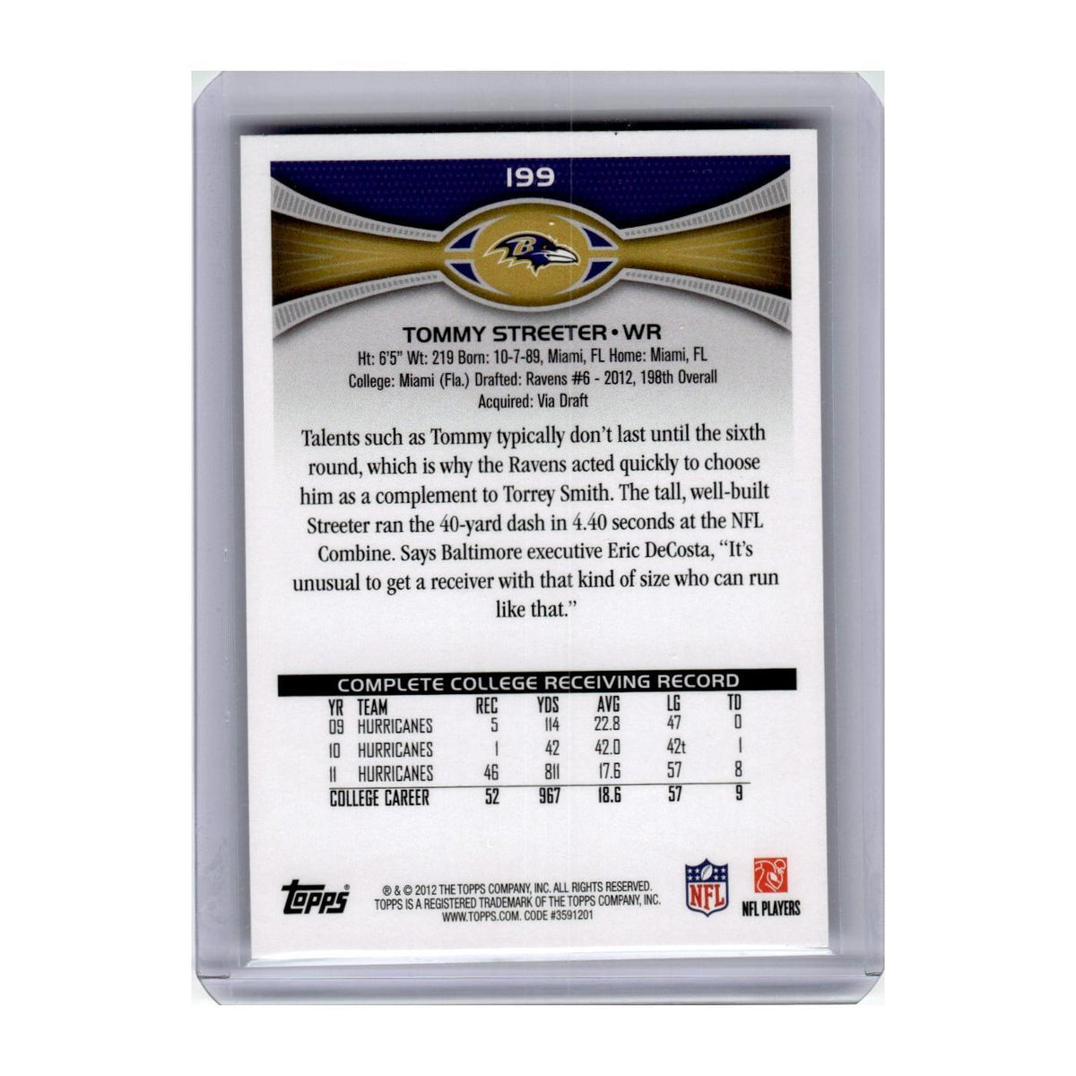 2012 Topps Tommy Streeter RC Ravens #199