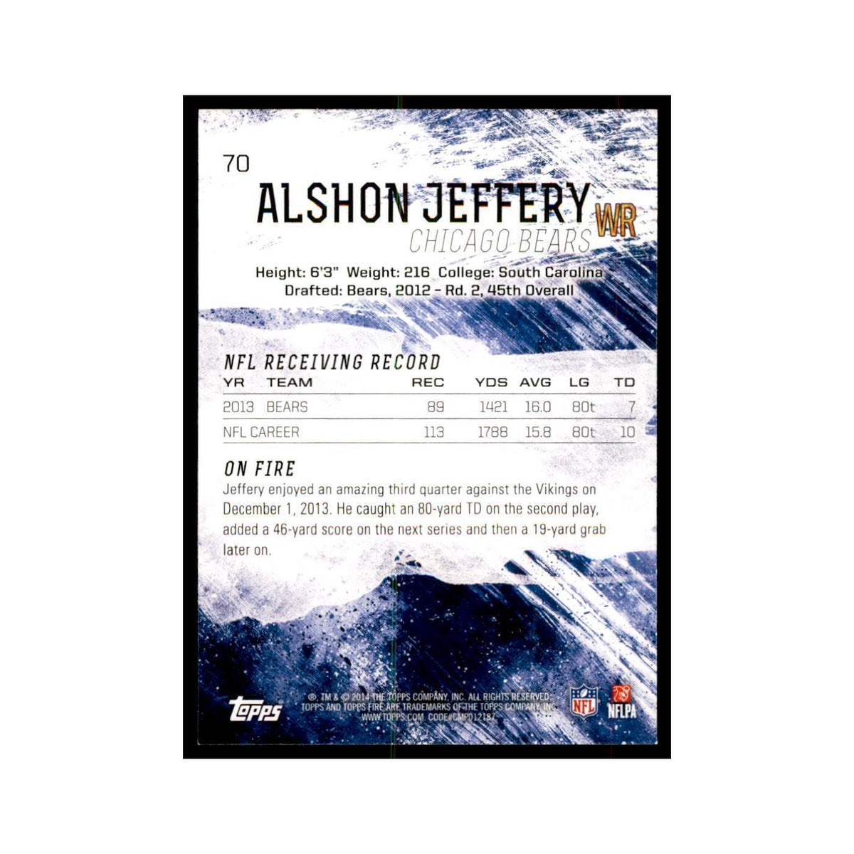 2014 Topps Fire Alshon Jeffery Football Cards #70