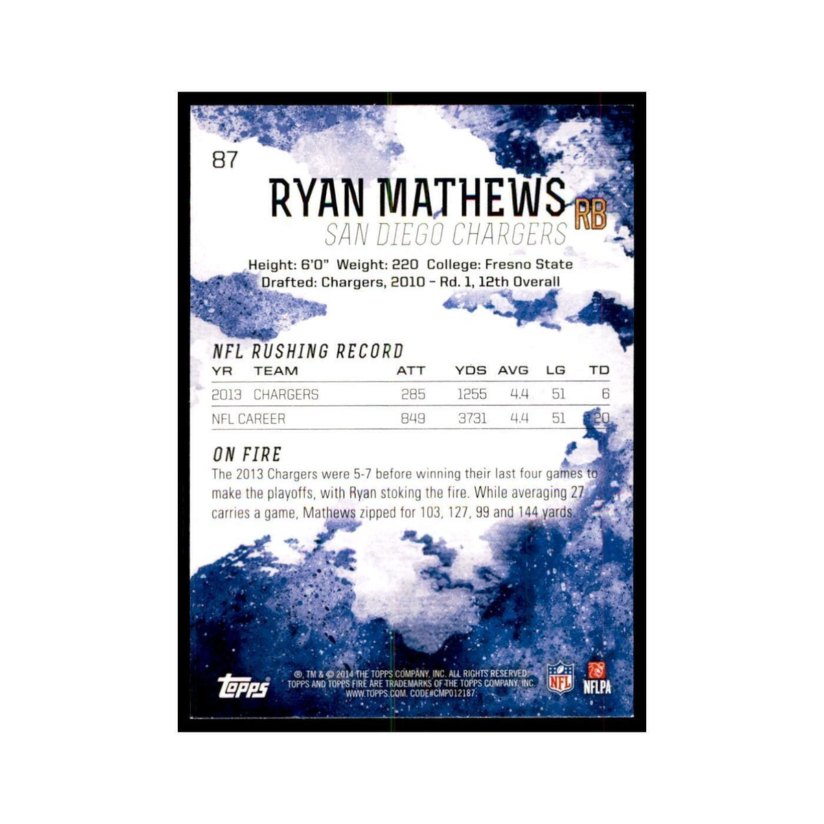 2014 Topps Fire Ryan Mathews Football Cards #87