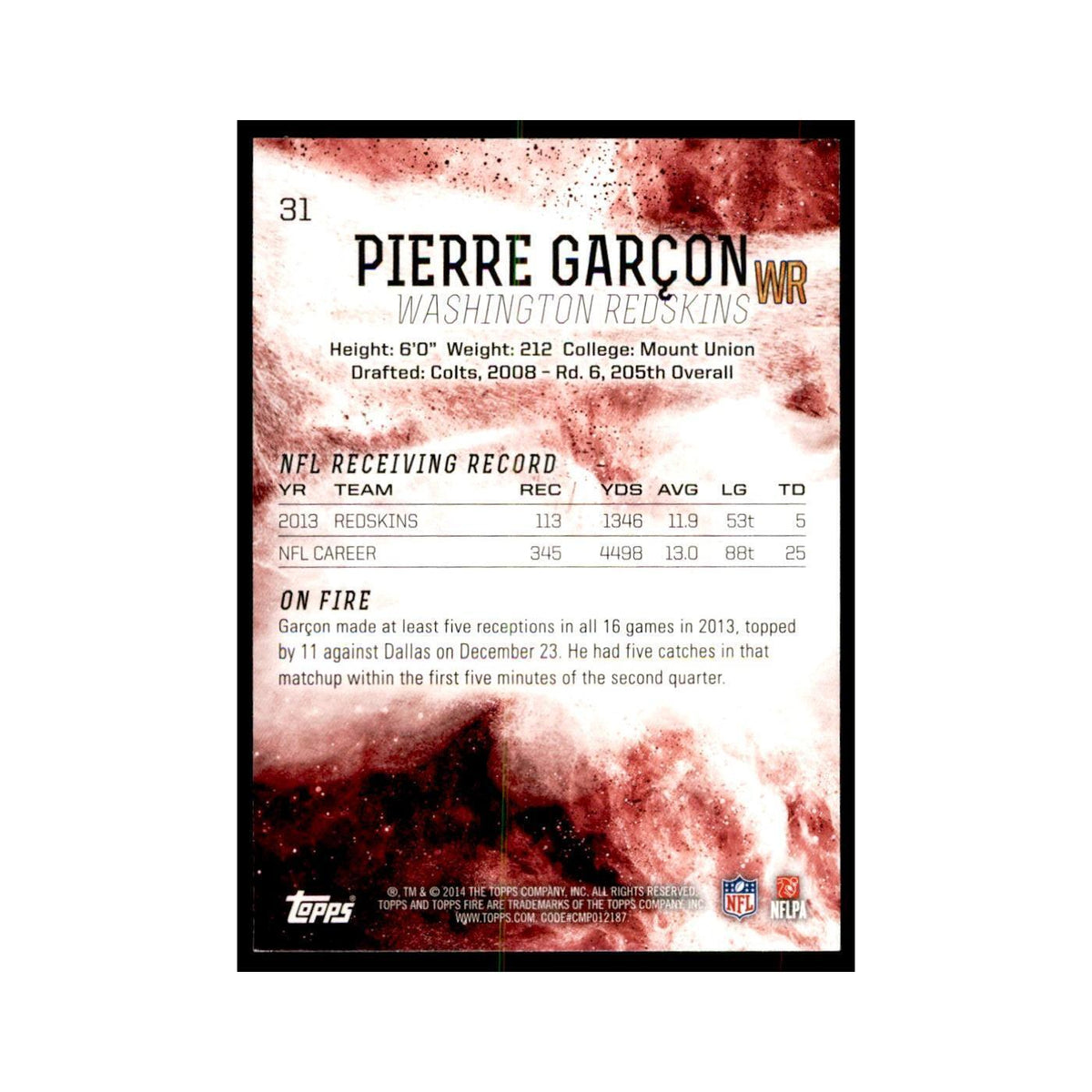 2014 Topps Fire Pierre Garcon Football Cards #31
