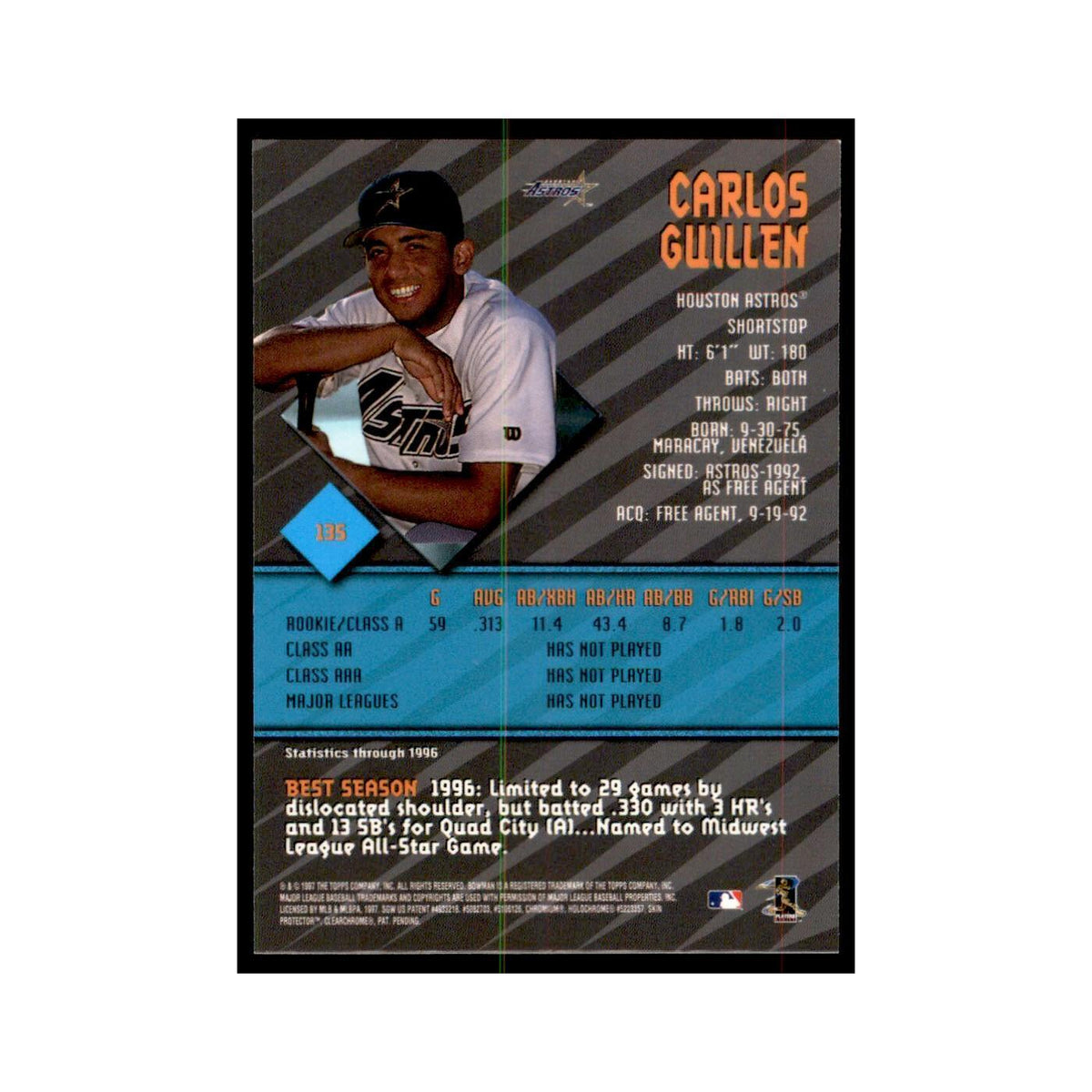 1997 Bowman Best Carlos Guillen Baseball Cards #135