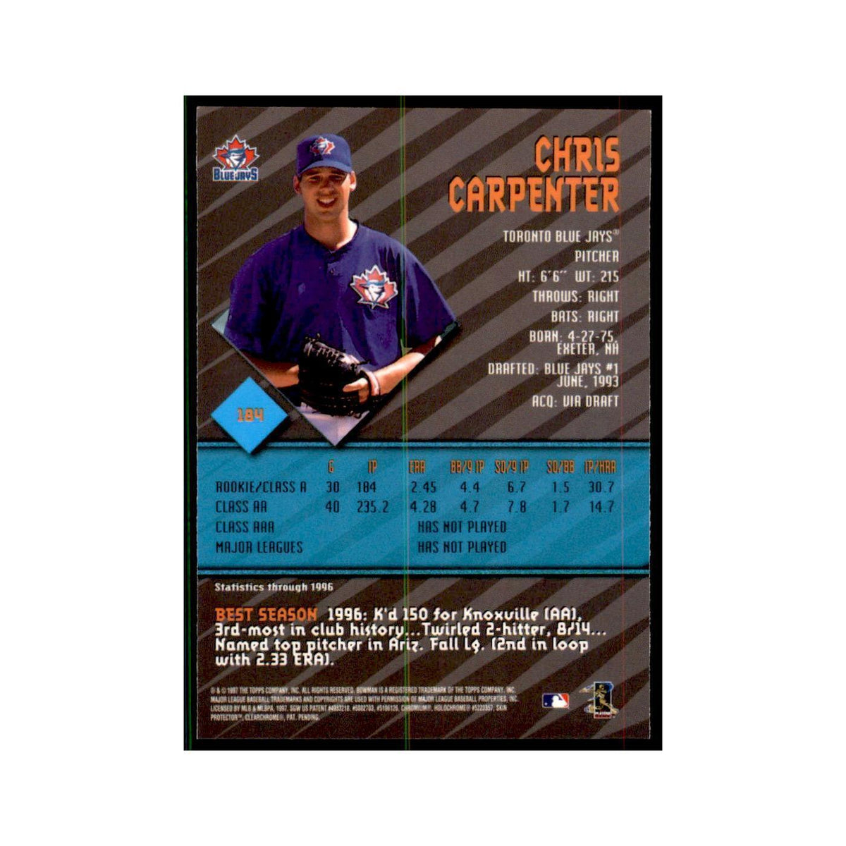 1997 Bowman Best Chris Carpenter Baseball Cards #184