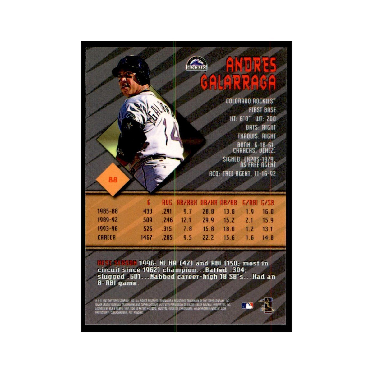 1997 Bowman Best andres Galarraga Baseball Cards #88