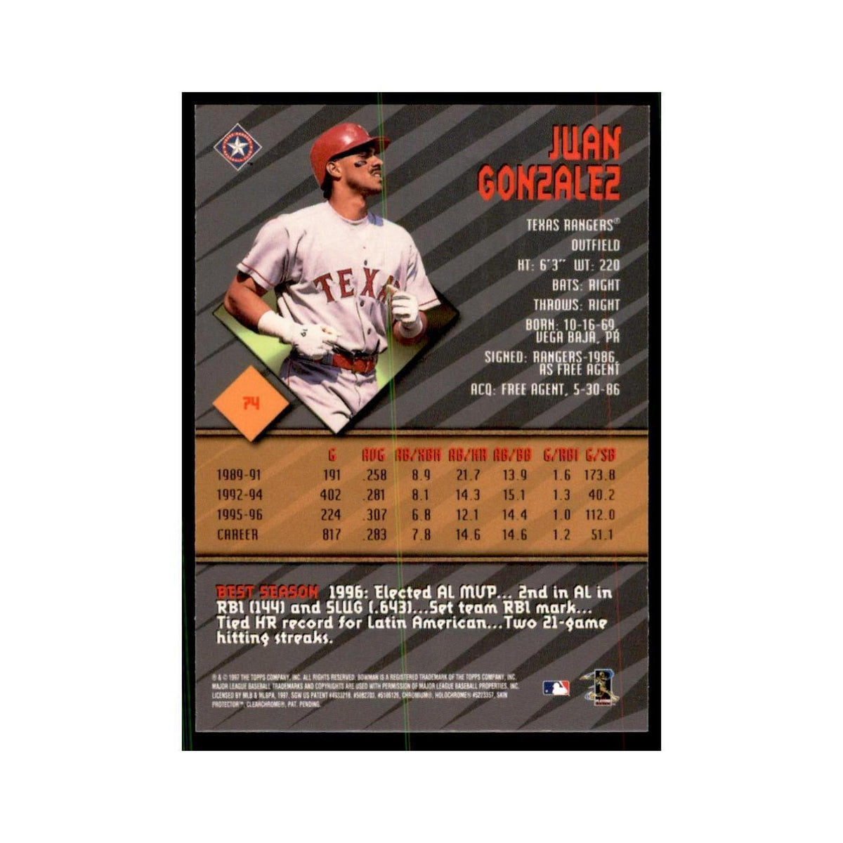 1997 Bowman Best Juan Gonzalez Baseball Cards #74