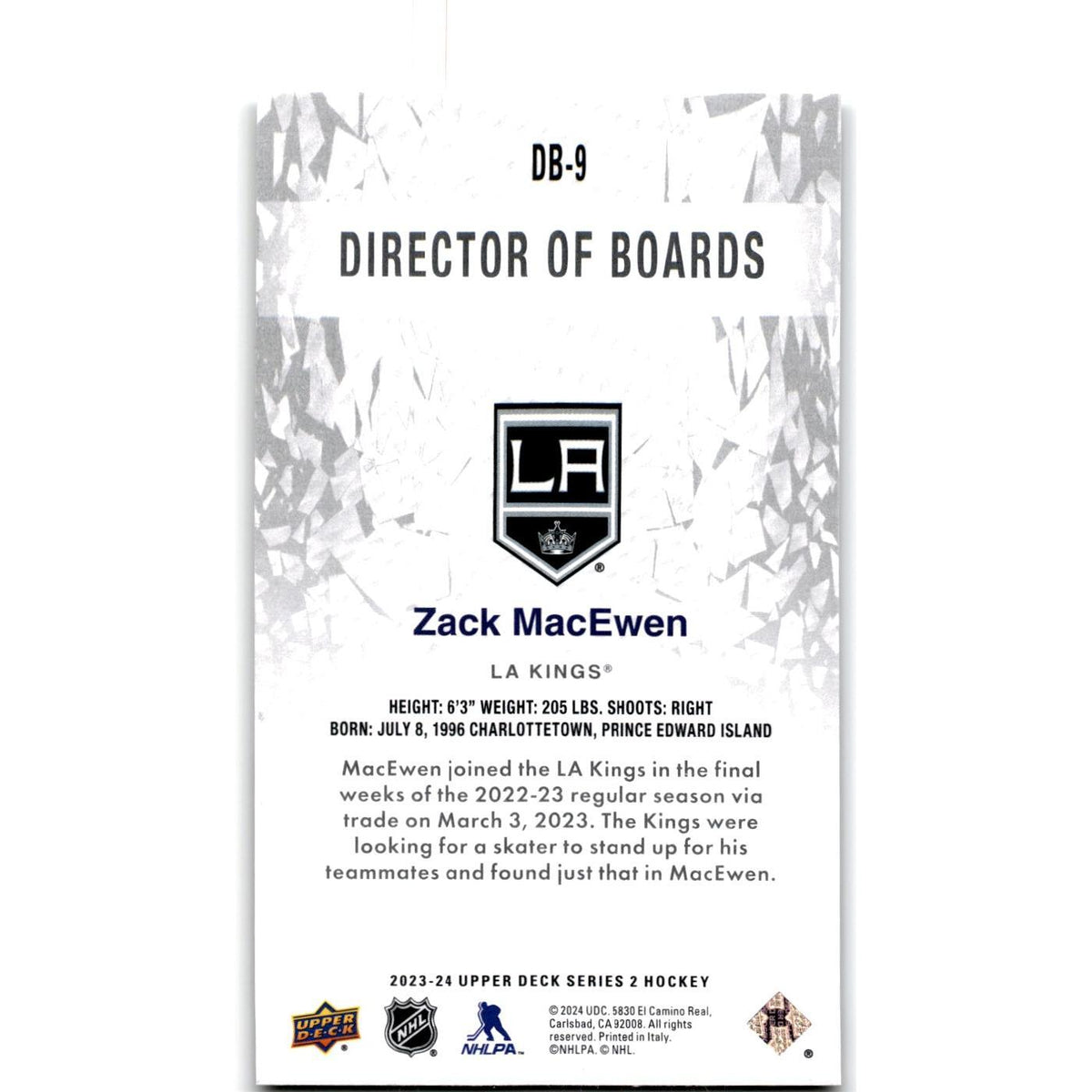 2023 Upper Deck Director of Boards Zack MacEwen Los Angeles Kings #DB-9