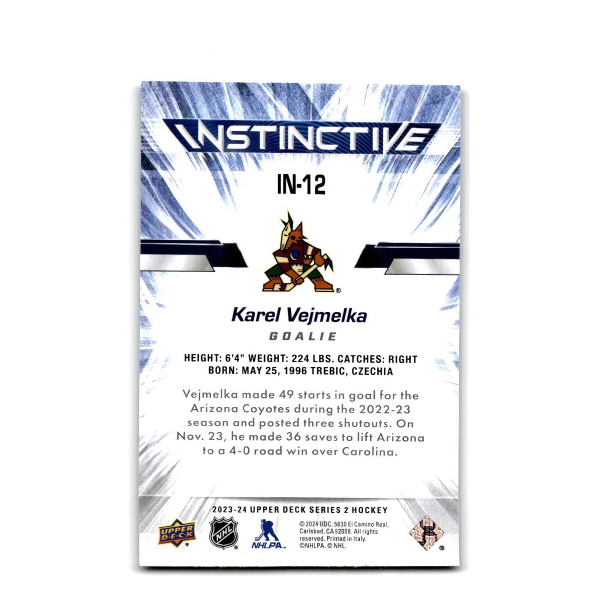 2023 Upper Deck Instinctive Karel Vejmelka Arizona Coyotes #IN-12