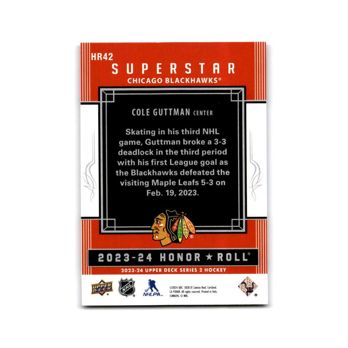 2023 Upper Deck Honor Roll Red Rainbow Cole Guttman Chicago Blackhawks #HR42