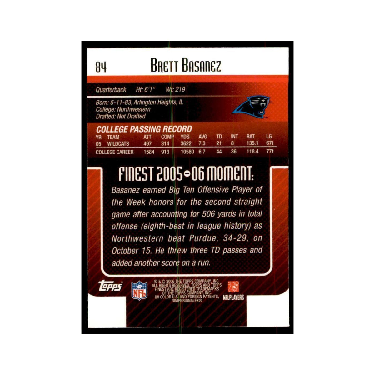 2006 Topps Finest Brett Basanez Football Cards #84