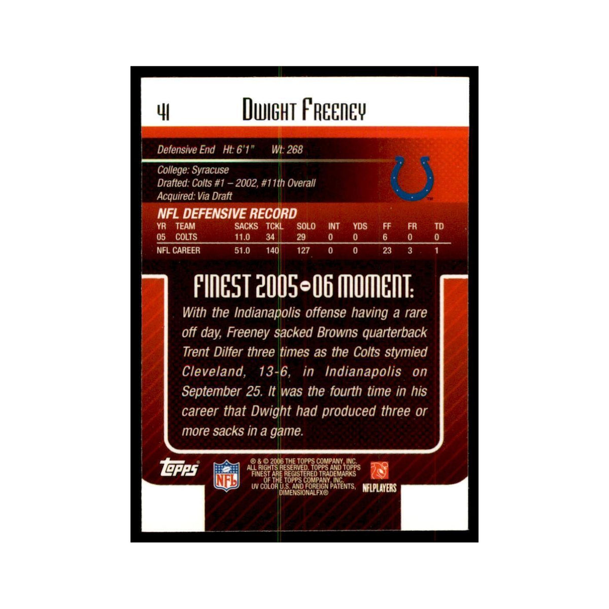 2006 Topps Finest Dwight Freeney Football Cards #41