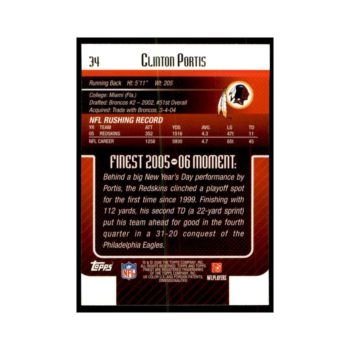 2006 Topps Finest Clinton Portis Football Cards #34