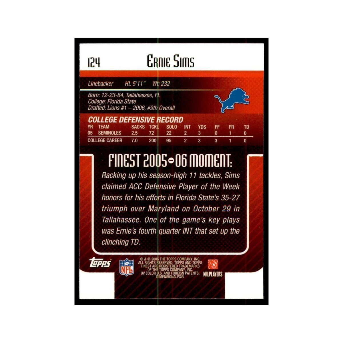 2006 Topps Finest Ernie Sims Football Cards #124