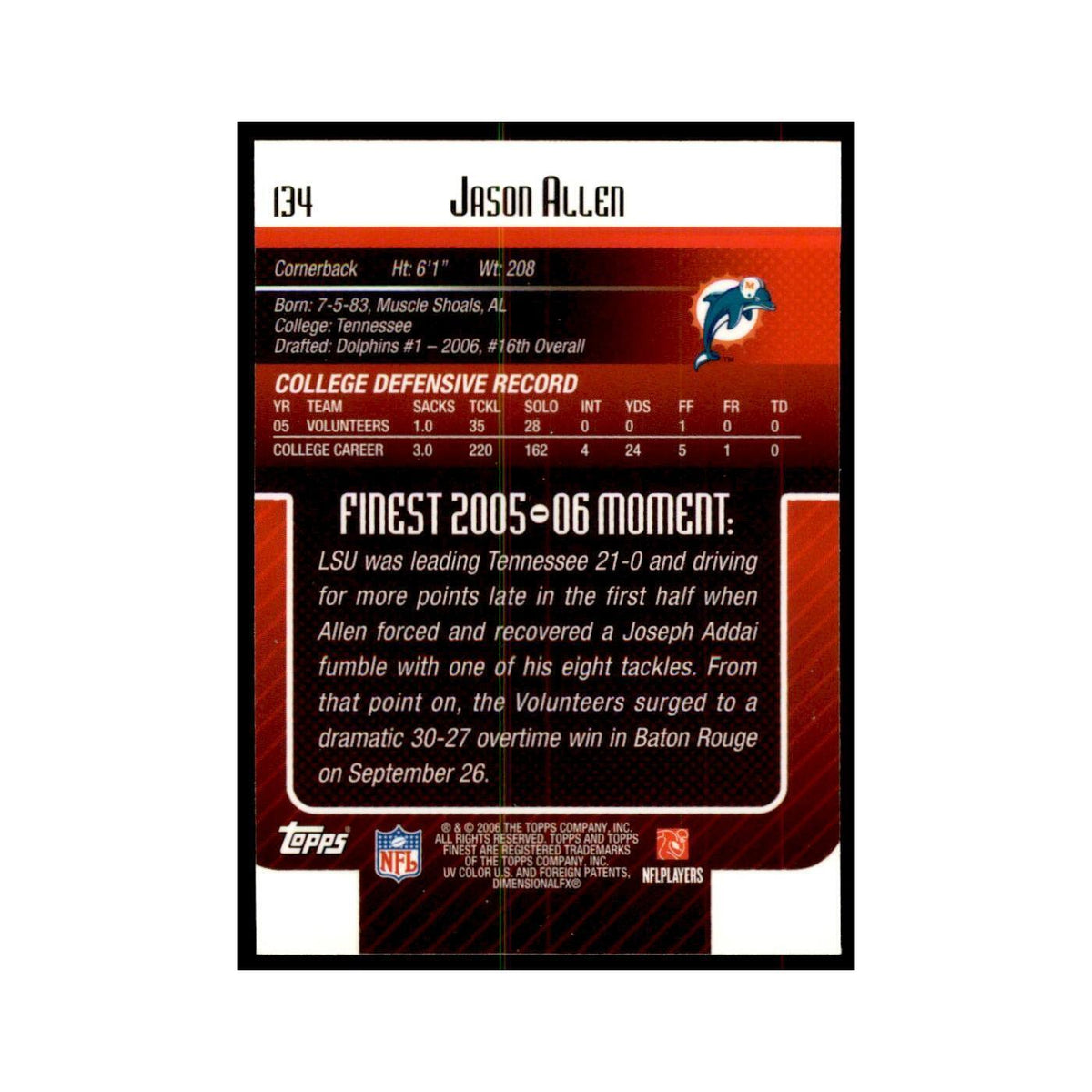 2006 Topps Finest Jason Allen Football Cards #134