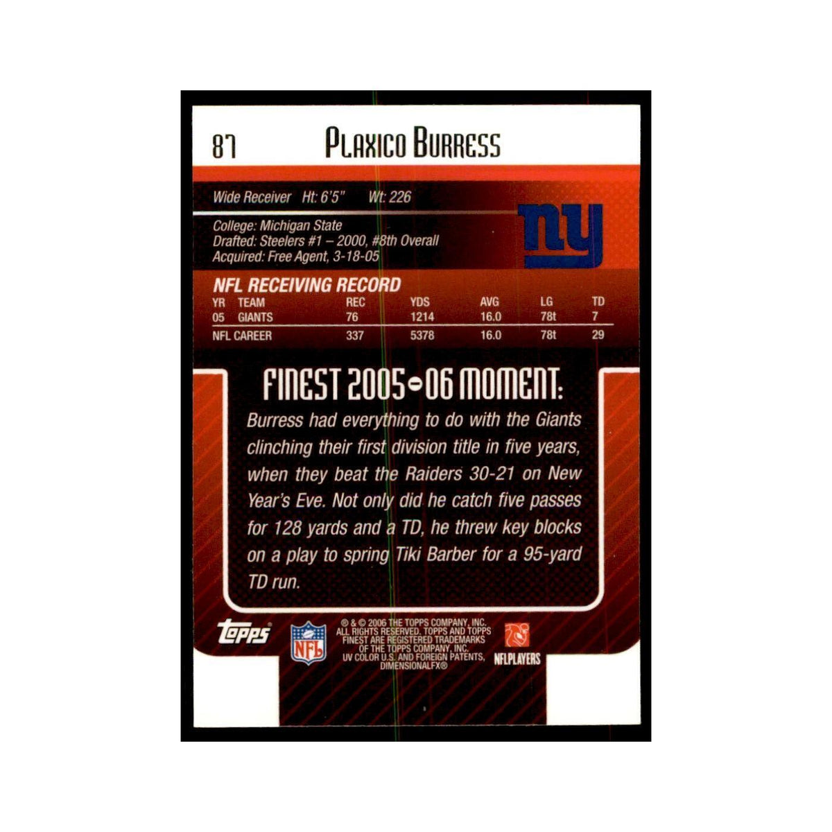 2006 Topps Finest Plaxico Burress Football Cards #87