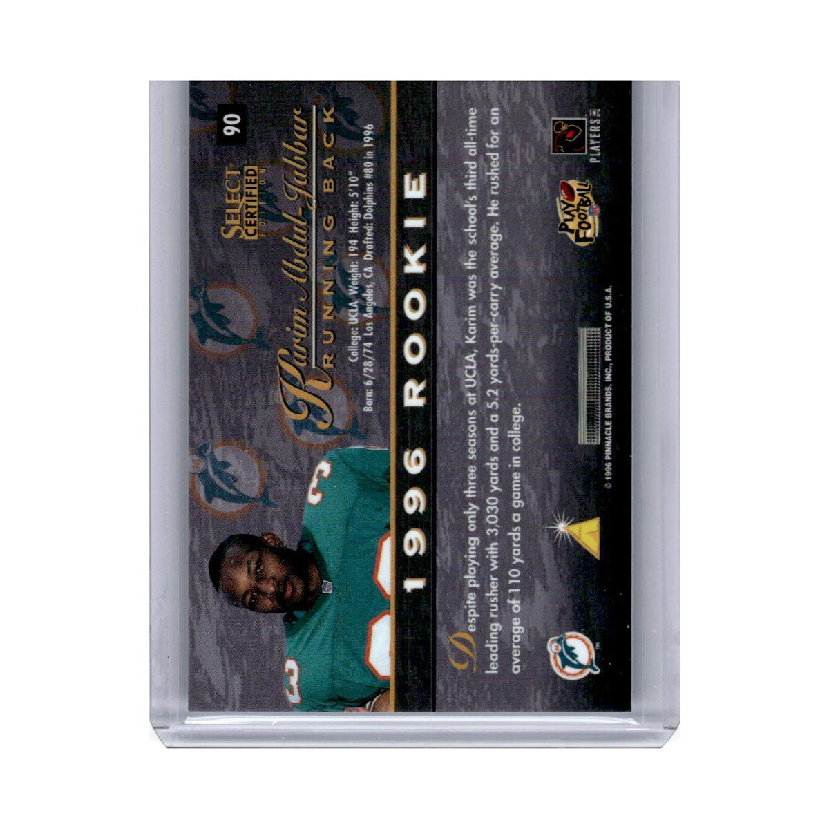 1996 Select Certified Karim Abdul-Jabbar RC Dolphins #90
