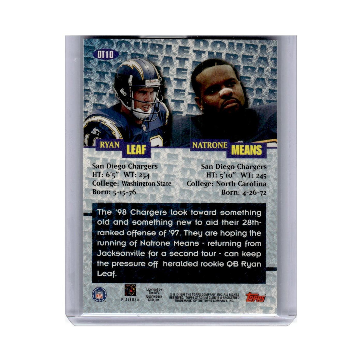 1998 Stadium Club Double Threat Natrone Means/Ryan Leaf San Diego Chargers #DT10