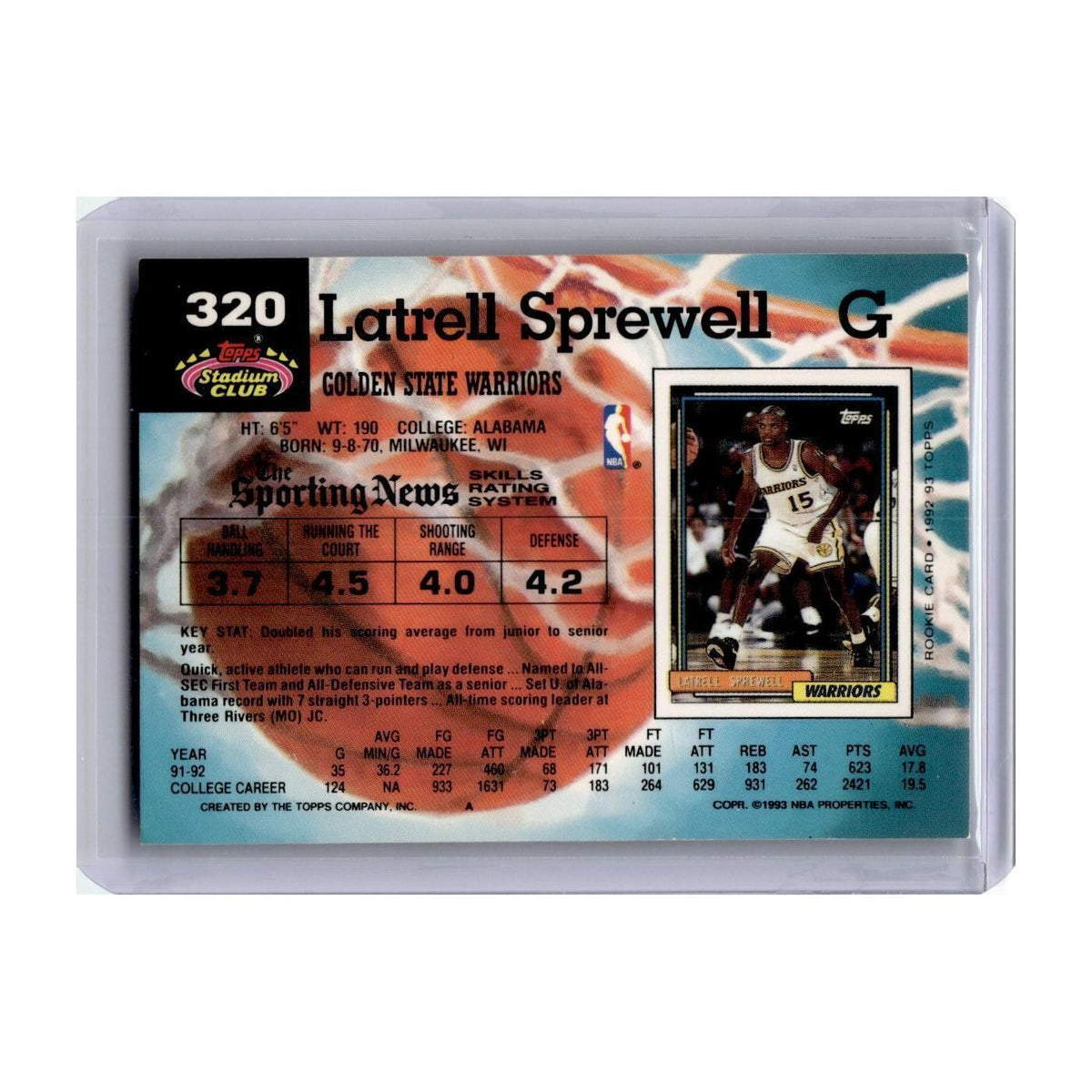 1992 Stadium Club Latrell Sprewell Golden State Warriors #320