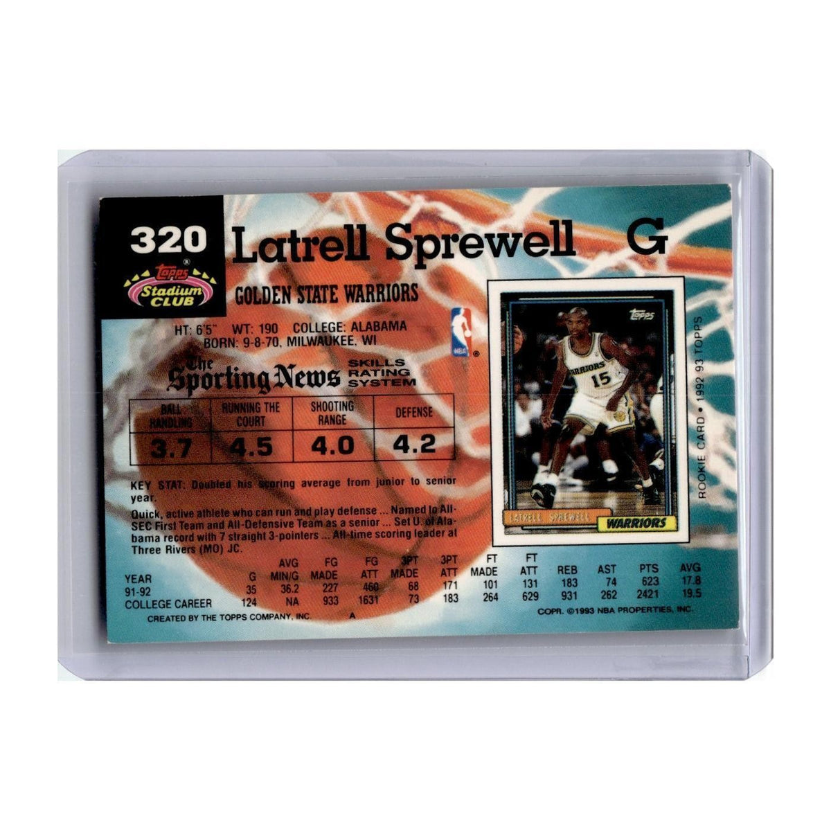 1992 Stadium Club Latrell Sprewell Golden State Warriors #320