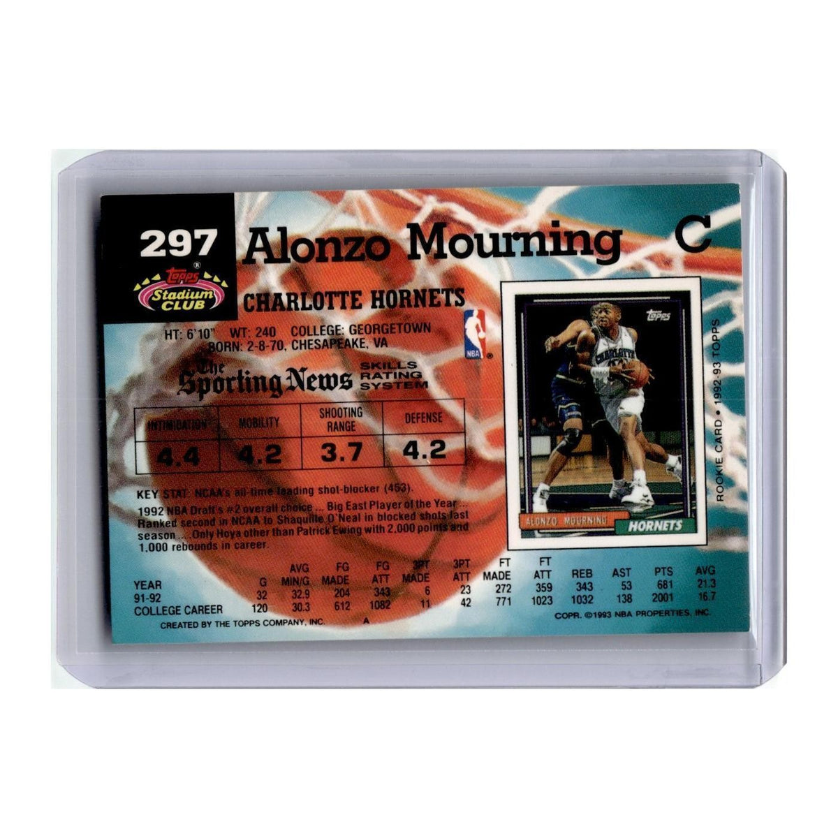 1992 Topps Stadium Club Alonzo Mourning Hornets #297