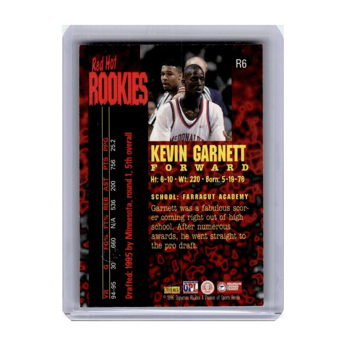 1996 Signature Rookies Red Hot Kevin Garnett #R6