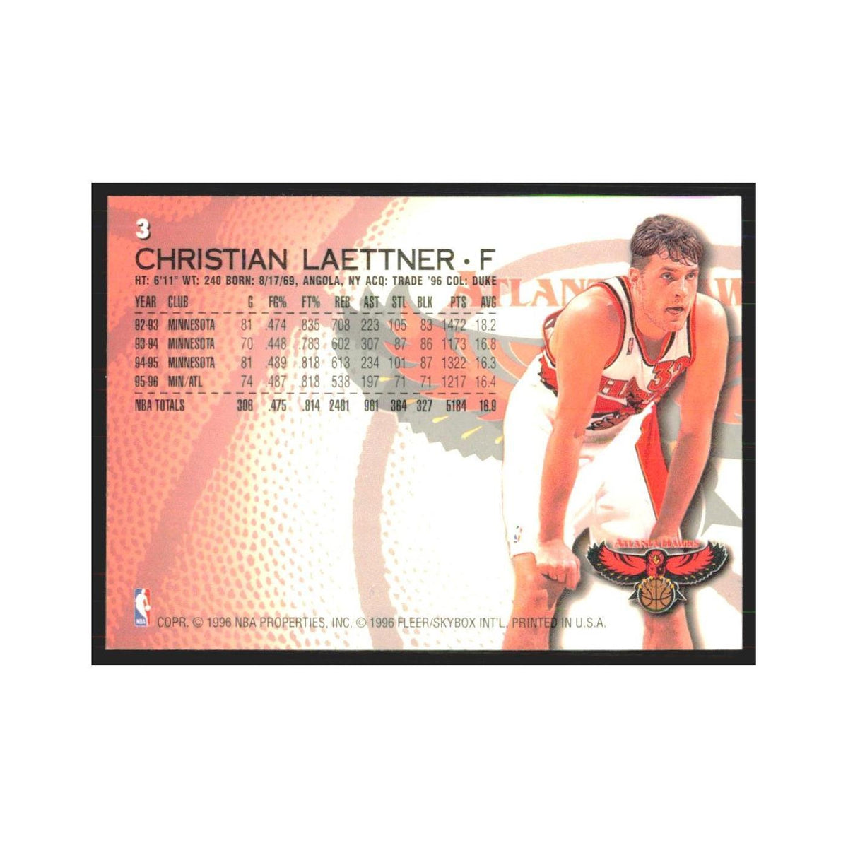 1996 Fleer Christian Laettner Hawks #3