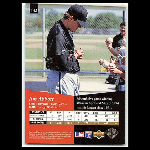 Jim Abbott #142 1995 Upper Deck SP Chicago White Sox Baseball Card MLB NM