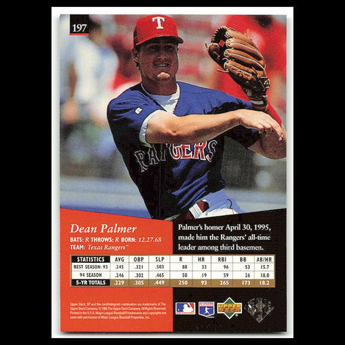 Dean Palmer #197 1995 Upper Deck SP Texas Rangers Baseball Card MLB NM