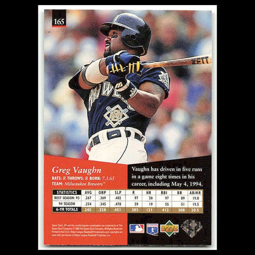 Greg Vaughn #165 1995 Upper Deck SP Milwaukee Brewers Baseball Card MLB NM