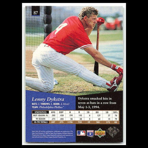 Lenny Dykstra #87 1995 Upper Deck SP Philadelphia Phillies Baseball Card MLB NM