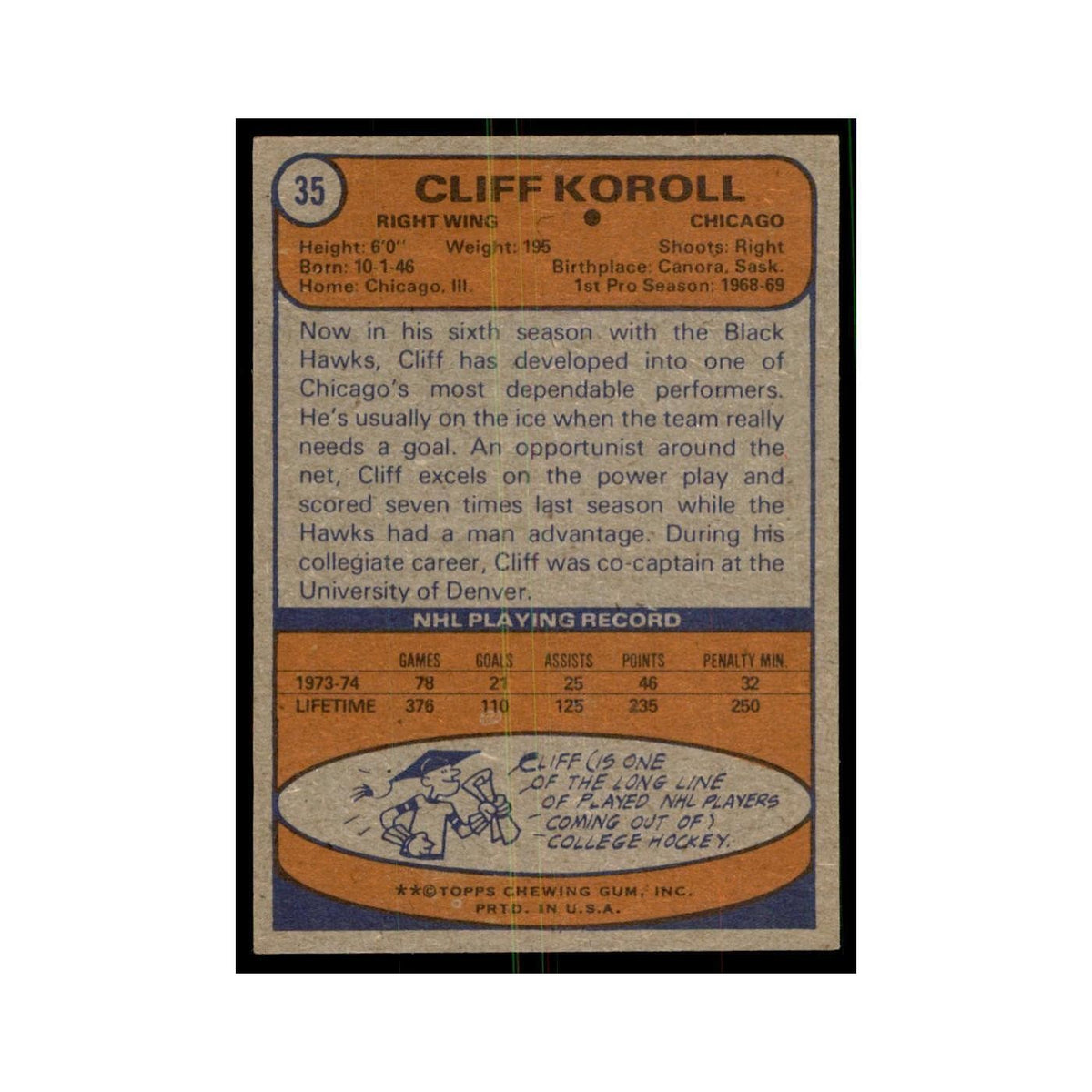 Cliff Koroll 1974 Topps (damaged) #35 Hockey Cards Hockey Card NM