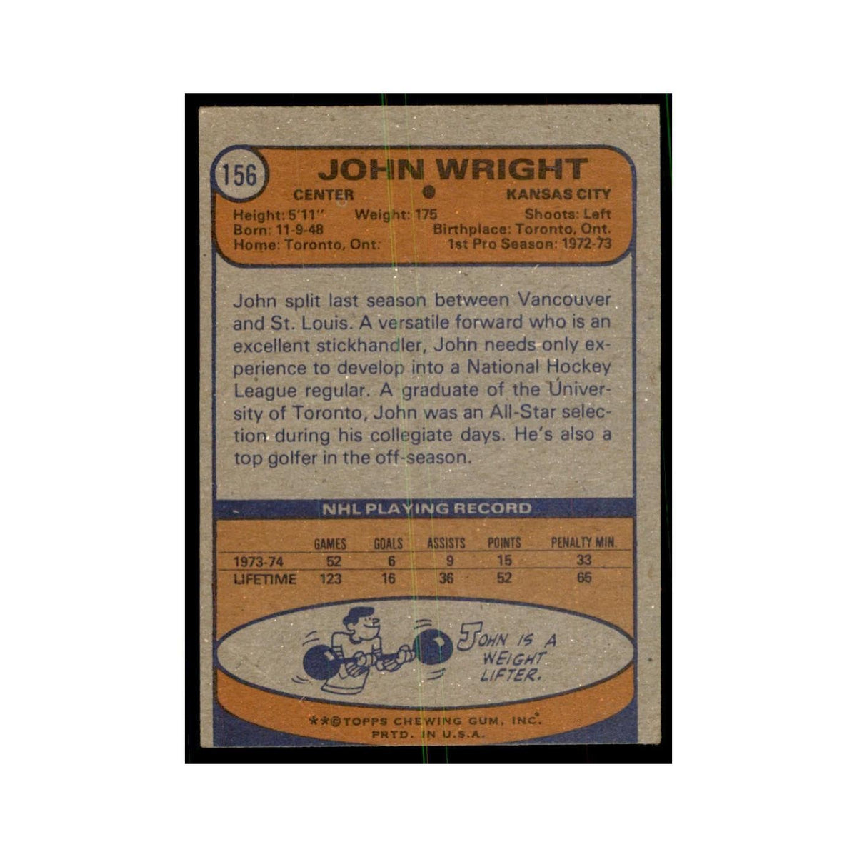 John Wright 1974 Topps (damaged) #156 Hockey Cards Hockey Card NM