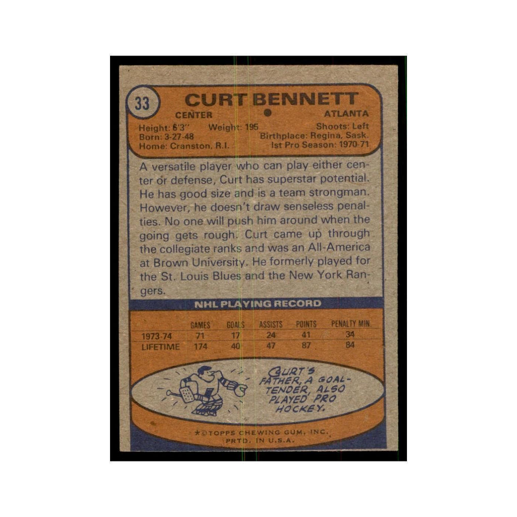 Curt Bennett 1974 Topps (damaged) #33 Hockey Cards Hockey Card NM