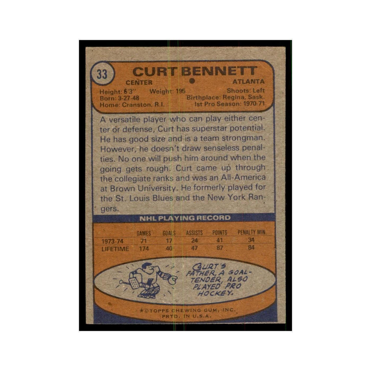 Curt Bennett 1974 Topps (damaged) #33 Hockey Cards Hockey Card NM
