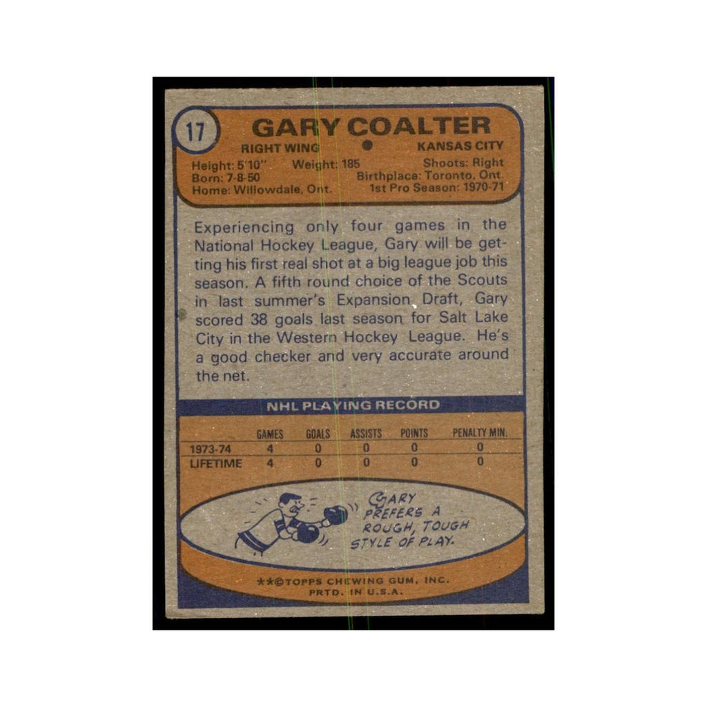 Gary Coalter 1974 Topps (damaged) #17 Hockey Cards Hockey Card Poor