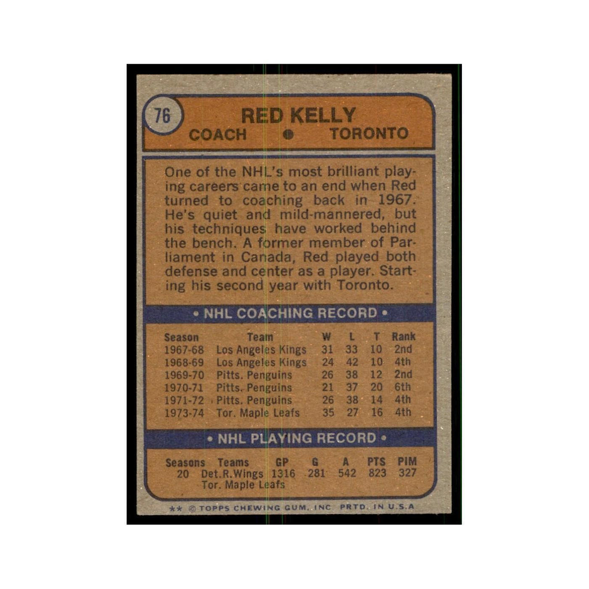 Red Kelly 1974 Topps (damaged) #76 Hockey Cards Hockey Card NM