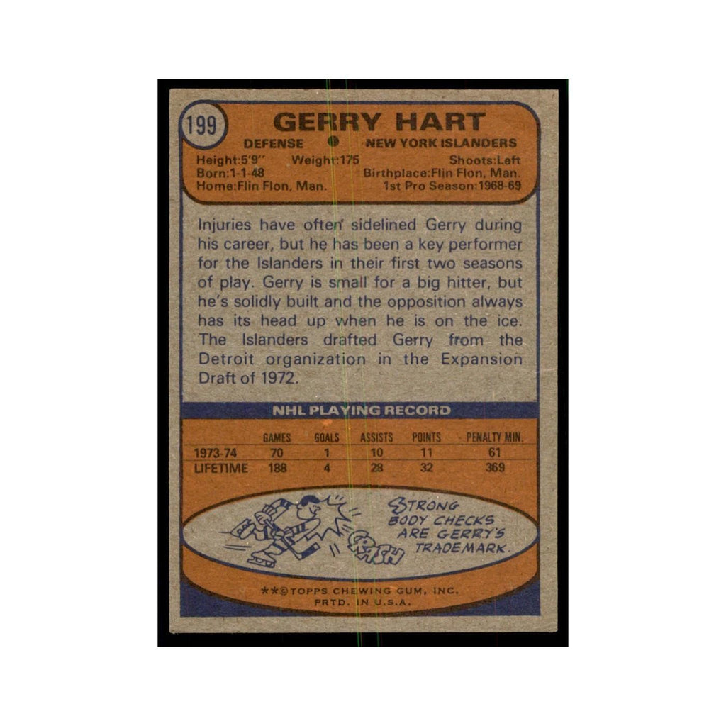 Gerry Hart 1974 Topps (damaged) #199 Hockey Cards Hockey Card NM